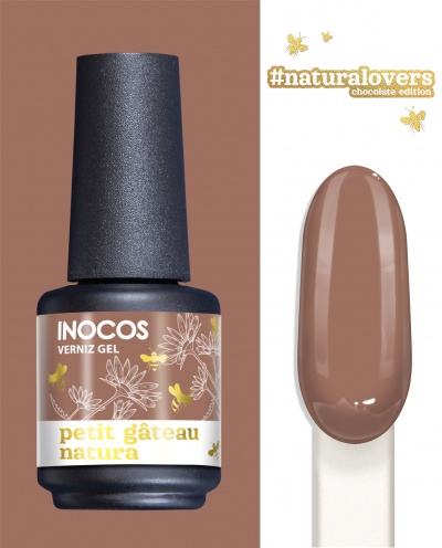 Frasco de verniz gel INOCOS cor castanho chocolate com rótulo decorado com flores e abelhas