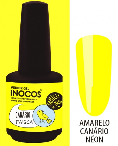 Verniz gel amarelo canário néon Inocos com rótulo amarelo e tampa preta