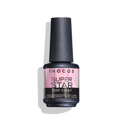 Frasco de verniz de unhas INOCOS SUPER STAR TOP COAT com etiqueta rosa e preta
