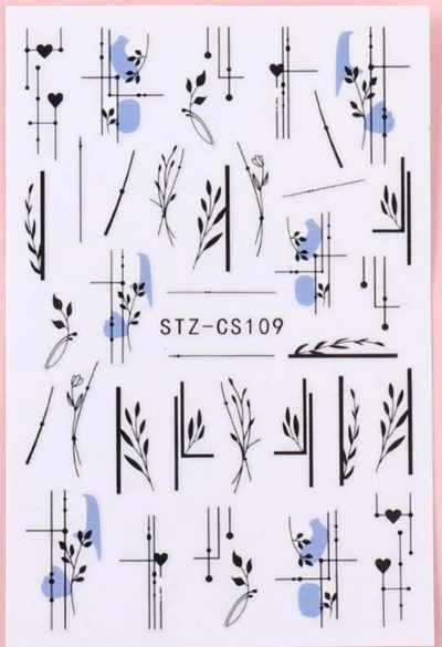 Planilha de decalques para unhas com desenhos de ramos e corações em preto e azul e o código STZ-CS109