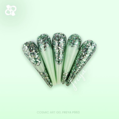 Conjunto de unhas postiças com glitter prateado e verde