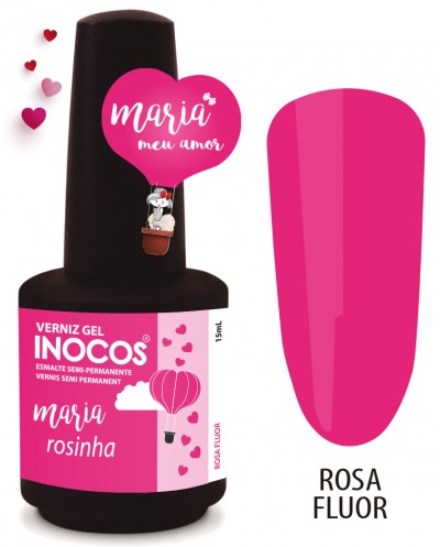 Frasco de verniz gel INOCOS rosa fluor com design de balão e corações