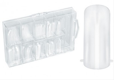 Conjunto de unhas postiças transparentes com caixa plástica e unha isolada