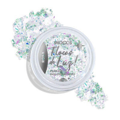 Frasco plástico com flocos holográficos iridescentes e texto na tampa