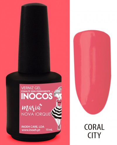 Verniz gel semi-permanente cor coral com frasco preto fosco e etiqueta rosa com texto branco
