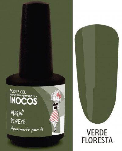 Frasco de verniz gel verde floresta Inocos com rótulo decorado e amostra da cor