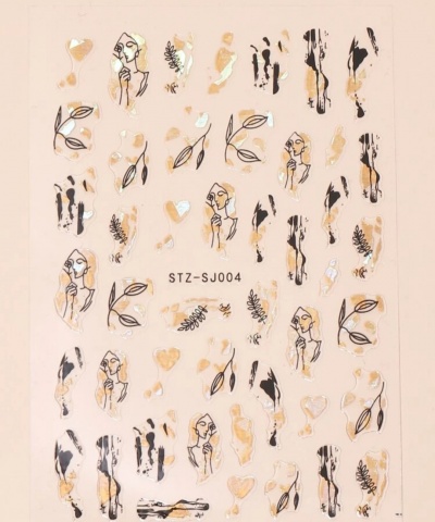 Folha de autocolantes decorativos com desenhos de rostos femininos, folhas e corações em preto e dourado