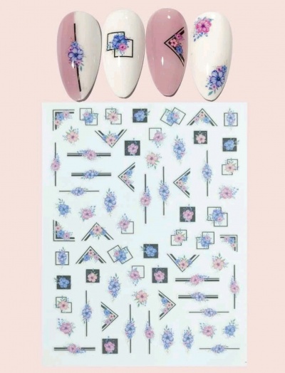 Unhas postiças decoradas com padrões florais e geométricos, e folha adesiva com os mesmos desenhos.