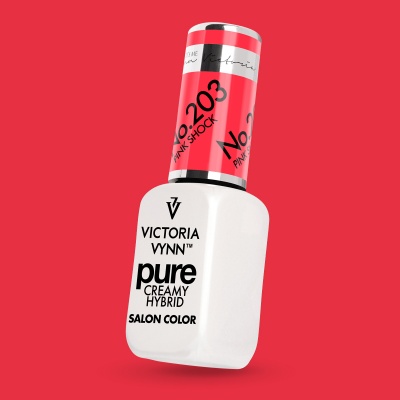 Frasco branco de verniz Victoria Vynn com tampa vermelha e texto No. 203 Pink Shock