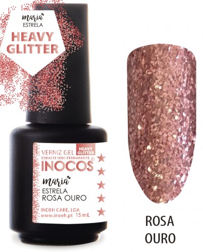 Verniz gel Inocos rosa ouro glitter com frasco e amostra