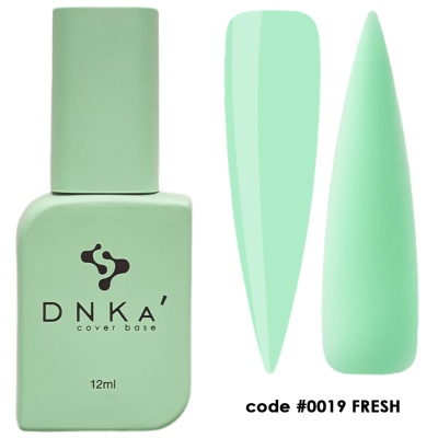 Frasco de verniz para unhas verde pastel com dois exemplos de cor e texto código #0019 FRESH.