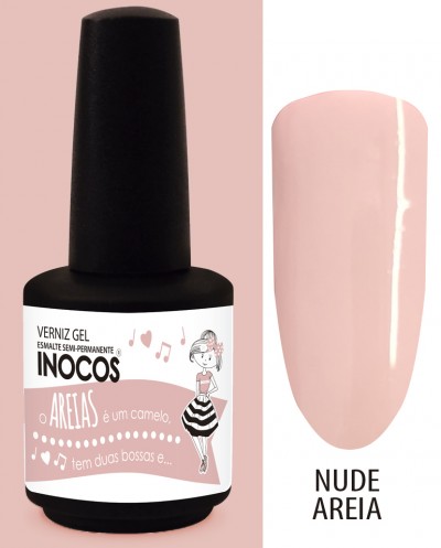 Frasco de verniz gel Inocos Nude Areia com rótulo e amostra da cor