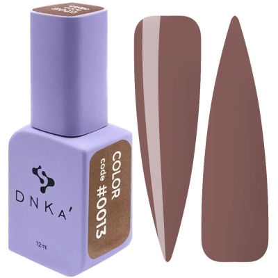 Frasco de verniz de unhas DNKA' roxo e duas amostras da cor castanho-púrpura