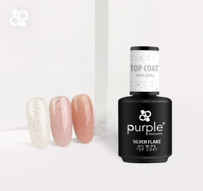 Frasco de verniz para unhas preto com amostras de unhas em branco, rosa claro e bege com partículas prateadas
