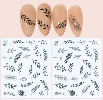 Unhas postiças bege com desenhos pretos de folhas e folhas adesivas para unhas com desenhos semelhantes