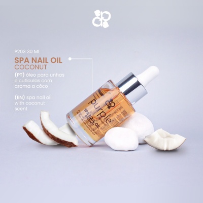 Frasco de óleo para unhas SPA NAIL OIL COCONUT com pedaços de côco secos ao lado