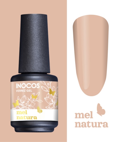 Frasco de verniz gel INOCOS mel natura com rótulo decorado e amostra da cor