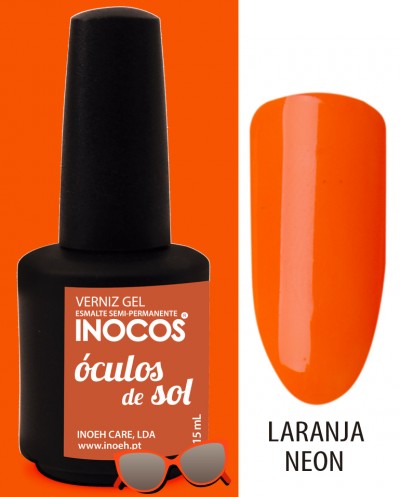 Verniz gel laranja neon semi-permanente INOCOS com 15 mL e amostra da cor.