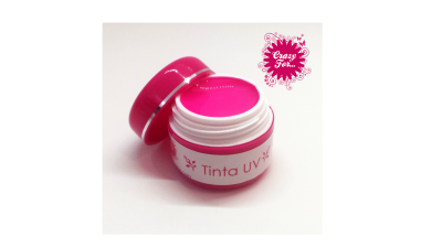 Frasco de tinta UV cor rosa com tampa aberta em fundo branco