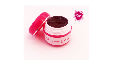Frasco aberto de tinta UV preta com tampa rosa e selo Easy Use.