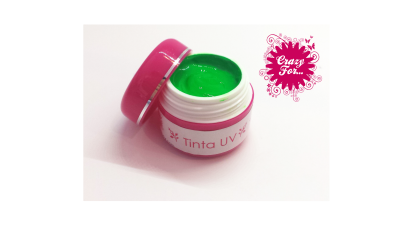 Frasco de tinta UV verde com tampa rosa e logotipo rosa