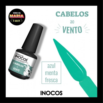 Frasco de verniz gel INOCOS azul menta com texto e amostra da cor