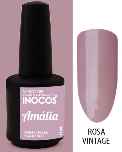 Verniz gel INOCOS Amália cor rosa vintage com amostra de cor em formato de unha