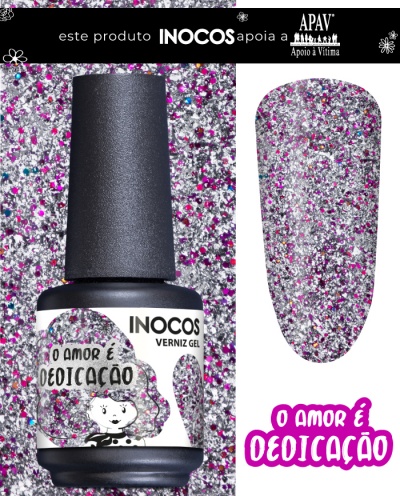Verniz gel INOCOS com glitter prateado, rosa e azul em fundo brilhante