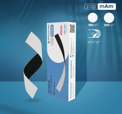 Caixa e lixas pap mAm mix 100/180 grit em fundo azul