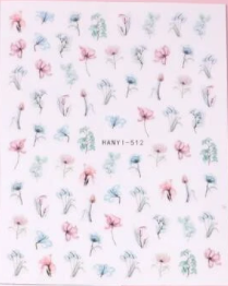 folha com desenhos florais pequenos em tons rosa e azul com texto HANY1-512