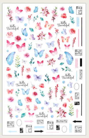 Folha de autocolantes com borboletas, flores e textos em inglês sobre fundo branco