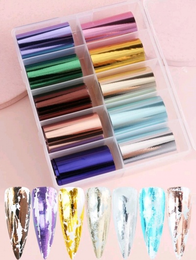Conjunto de rolos de folhas metálicas coloridas para unhas em caixa transparente