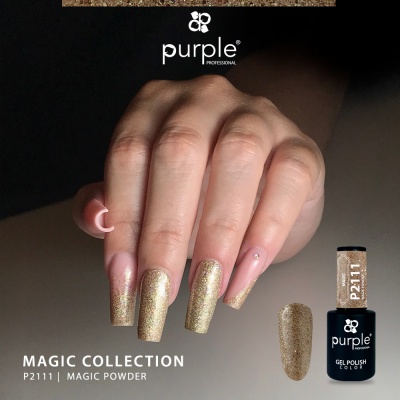 Unhas com verniz gel rosa e dourado da Purple Professional MAGIC COLLECTION com frasco de gel polish