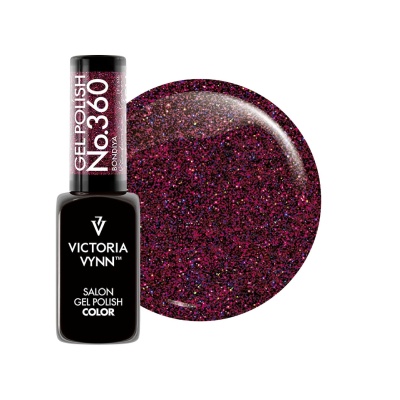 Frasco de verniz gel Victoria Vynn No.360 com cor vinho escuro glitterado.