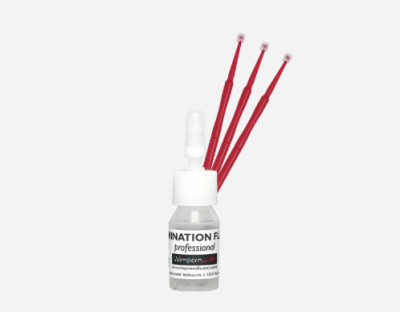 Frasco com rótulo profissional e aplicadores vermelhos