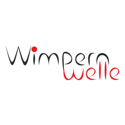 Logótipo com texto Wimpern welle preto e vermelho sobre fundo preto