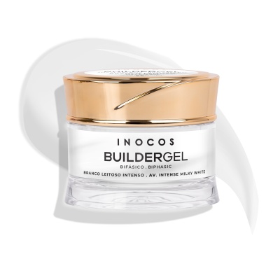 Frasco transparente com tampa dourada e rótulo branco com texto preto