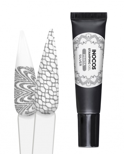 Gel stamping prateado em embalagem preta com estampas brancas e prateadas