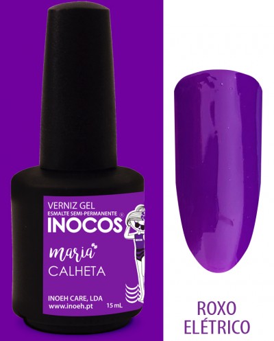 Frasco de verniz gel semi-permanente Inocos na cor roxo elétrico com amostra da cor