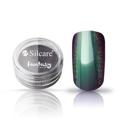 Pó para unhas Silcare Fantasy Powder e unha postiça pintada em tons verdes e pretos brilhantes