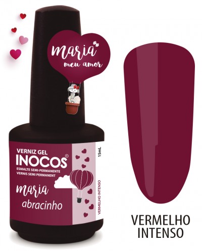 frasco de verniz gel vermelho intenso INOCOS com rótulo desenhado
