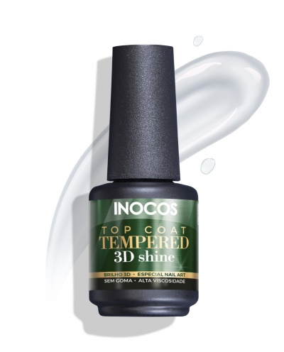 Frasco de verniz INOCOS Top Coat Tempered 3D shine com fundo branco