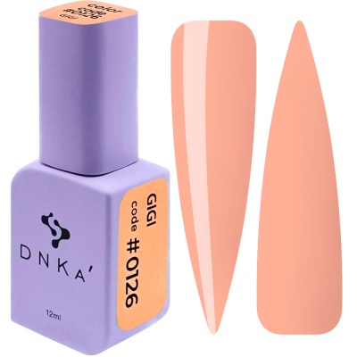 Esmalte de unhas DNKA' lilás com rótulo pêssego GIGI code #0126 e amostras da cor do esmalte