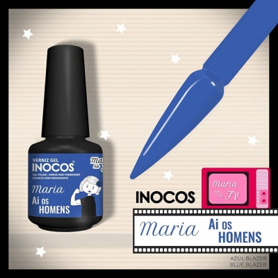 Verniz gel azul da marca Inocos com nome Maria Ai os Homens