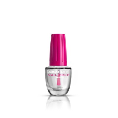 Frasco de preparação de unhas com tampa rosa e texto em branco e rosa