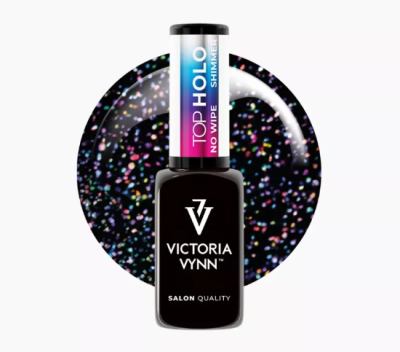 Frasco de verniz de unhas preto com rótulo azul-roxo-rosa e manchas de purpurina multicolorida no fundo.
