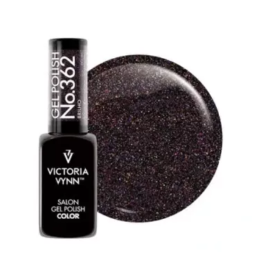 Frasco preto de verniz de gel para unhas Victoria Vynn e amostra da cor preta com brilho multicolorido