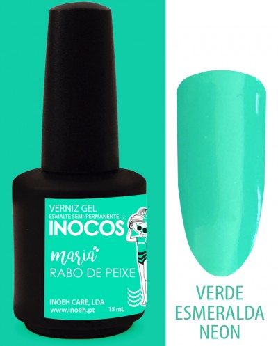 Frasco de verniz gel preto com rótulo verde e amostra da cor verde esmeralda neon.