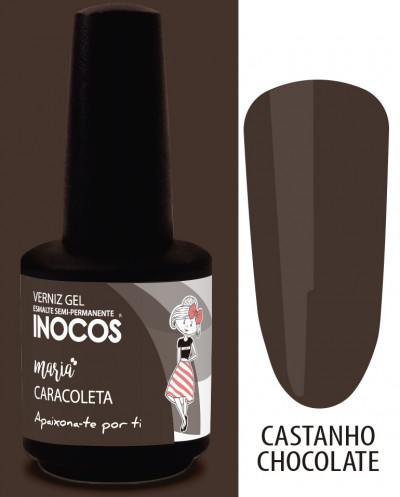 Frasco de verniz gel castanho chocolate Inocos com ilustração feminina
