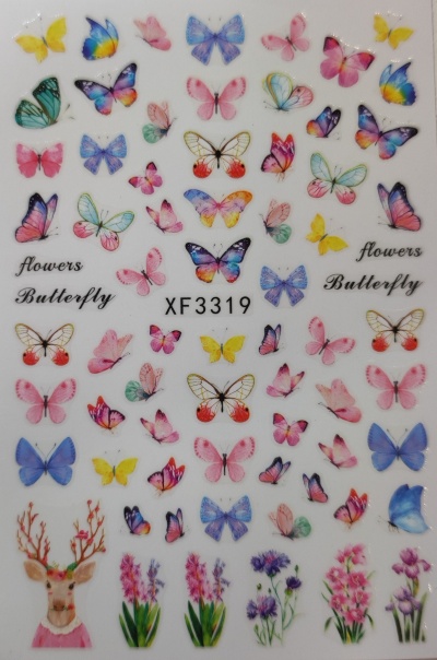 Autocolantes de borboletas multicoloridas e flores com texto e código em fundo branco